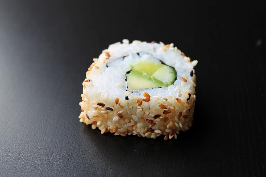 sushi, binnenstebuiten, rol, sesam, Japans, Japan, komkommer, avocado, radijs, rijst, eten