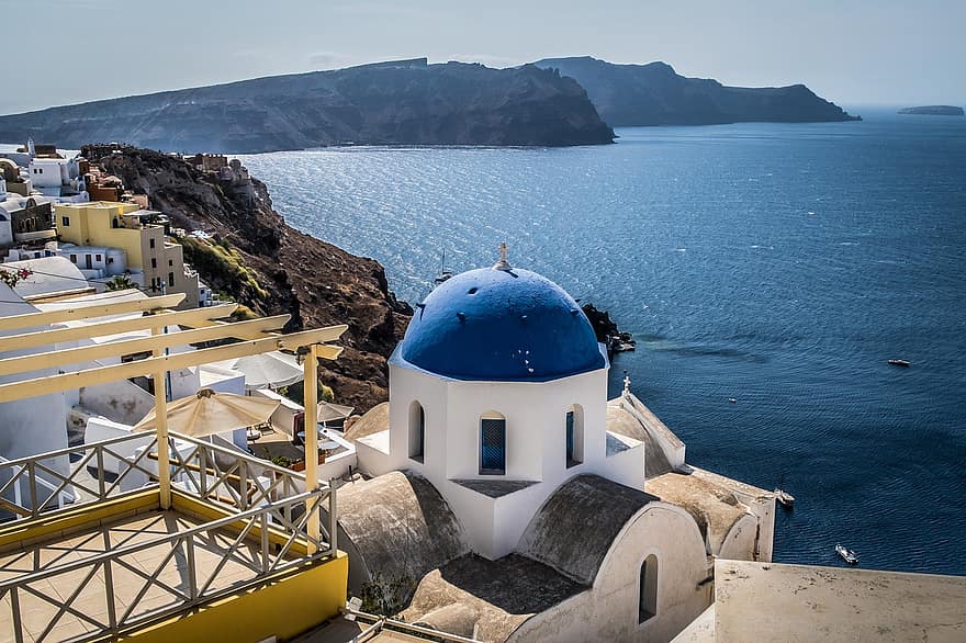 Grecja, Santorini, kopuła, morze, wyspa, niebieski, architektura, wycieczka, śródziemnomorski, oia
