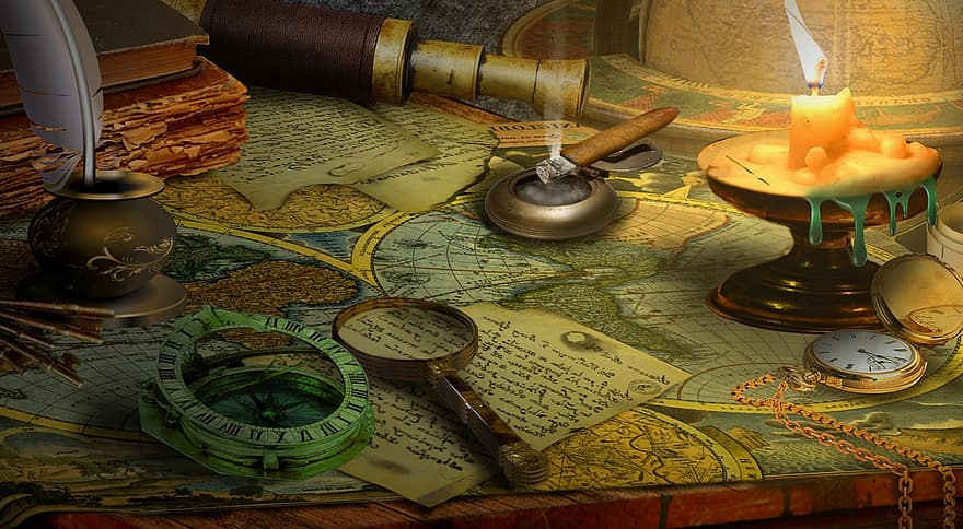 navigasjon, geografi, historie, årgang, reise, gammelt kart, antikk kart, stearinlys, eventyr, kompass, bibliotek