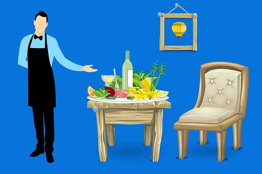 웨이터, 테이블 세트, 의자, 식사, 레스토랑, 공식 만찬, 카페, 식품