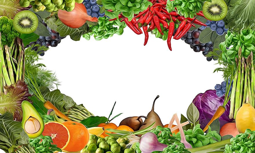 Sayuran, buah-buahan, bingkai, berbatasan, sayur-mayur, makanan, kesegaran, wortel, buah, makan sehat, tomat
