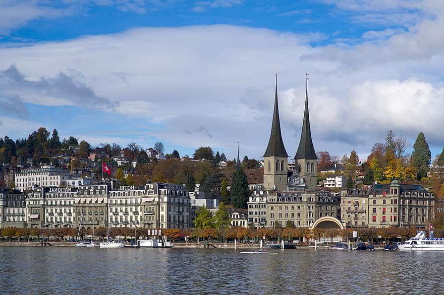 Luzern, Zwitserland, stad-, meer, gebouwen, kerk, torenspits, oude stad, stedelijk, waterkant