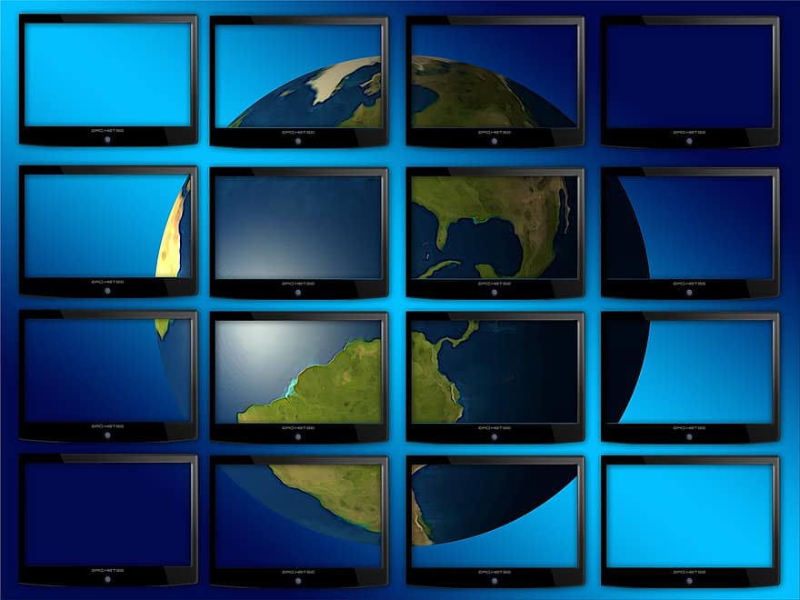 monitor, ściana monitora, duży ekran, glob, USA, Ameryka, świat, ściana wideo, Ściana, pokaz, wyświetl ścianę