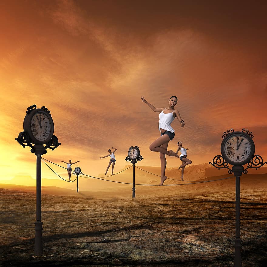 Time, Fast Moving, Balancing Act, Passes, Stress, Hustle And Bustle, Dates, Fantasy, Digital Art, Woman, Clock