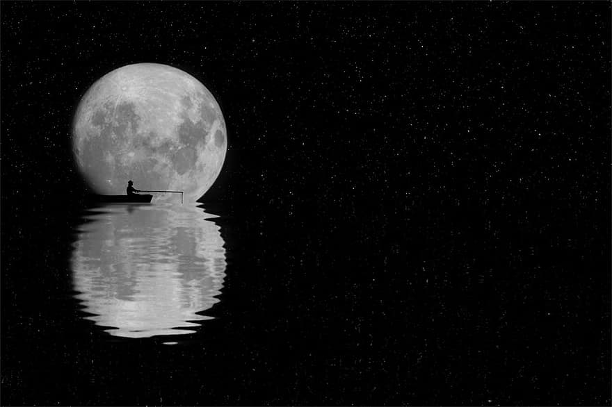 měsíc, hvězda, noc, krajina, nebe, silueta člověka, silueta lodi, rybolov, Pozadí, tapeta na zeď, odraz