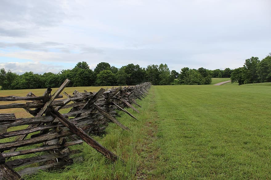 dřevěný plot, občanská válka, bojiště, 1800s, historické místo, tráva, venkovské scény, louka, letní, hospodařit, zelená barva