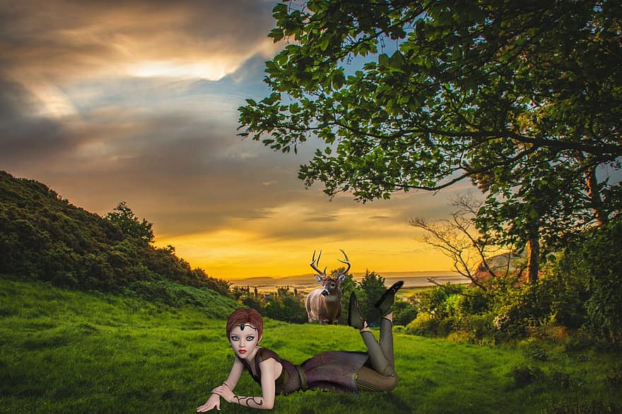 Background, Hills, Woods, Woman, Deer, Fantasy, Female, Character, Digital Art, sunset, summer