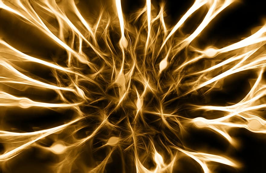 nervis, cèl · lules, dendrites sèpia, excitació, cervell, or, funció del cervell, pols, línia, brillant, nervengeflecht