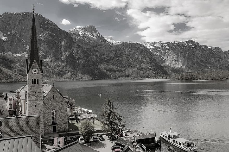 Hallstatt, Austria, munţi, natură, lac, apă, cer, biserică, turism, călătorie, Munte