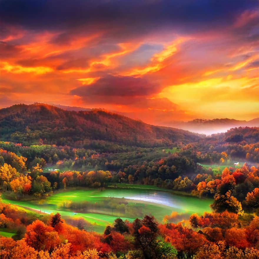 tramonto, natura, lago, collina, autunno, stagione, foresta, sfondo
