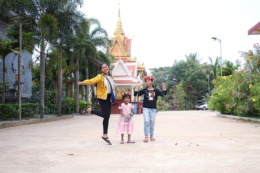 aile, khmer, Kamboçya, pagoda, çocuklar