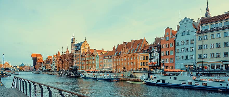 Gdańsk, joki, vanha kaupunki, rivitaloja, rakennukset, kaupunki, Puola, kanava