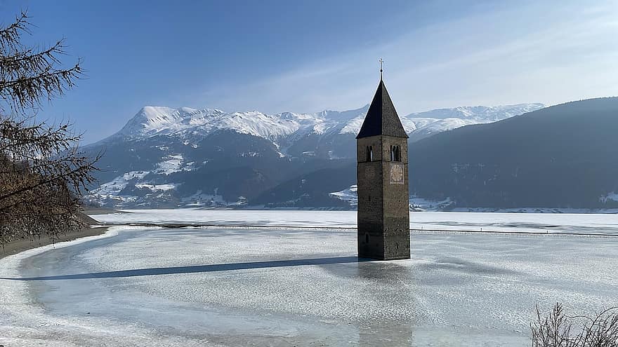 Reschensee, frossen innsjø, vinter, austria, Nauders, Sydtyrol, kirke, kirketårnet, innsjø, Italia, snø