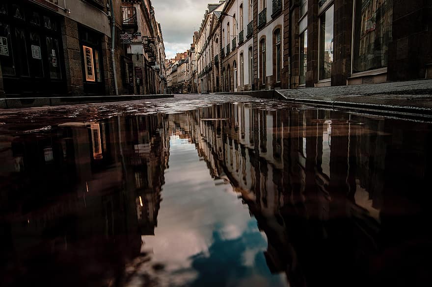 Puddle, Town, Street, Outdoors, reflection, architecture, building exterior, built structure, city life, water, cityscape