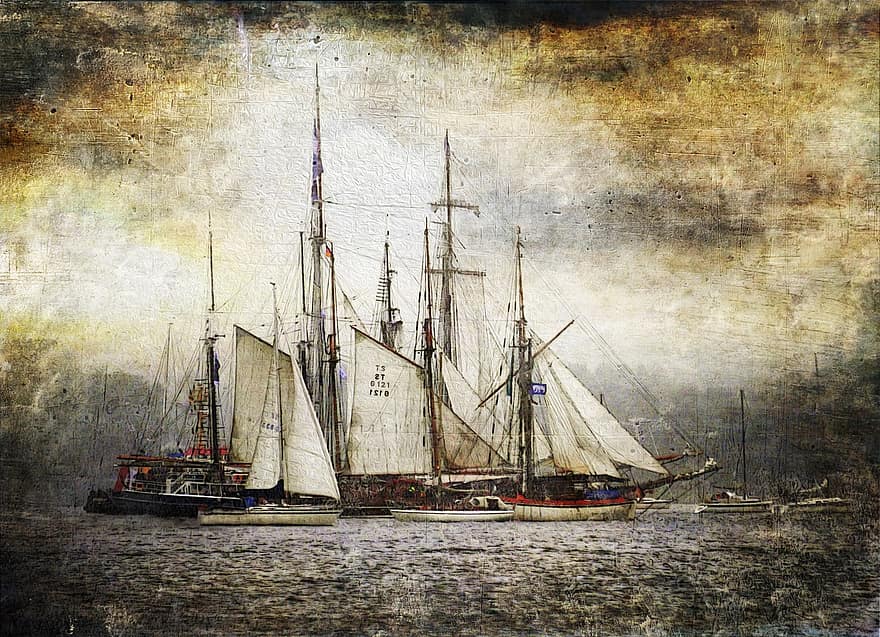 アート、羊皮紙、背の高い船、キールウィーク、ウィンドジャマー、バルト海、フィヨルド、帆、帆船、航海の、風