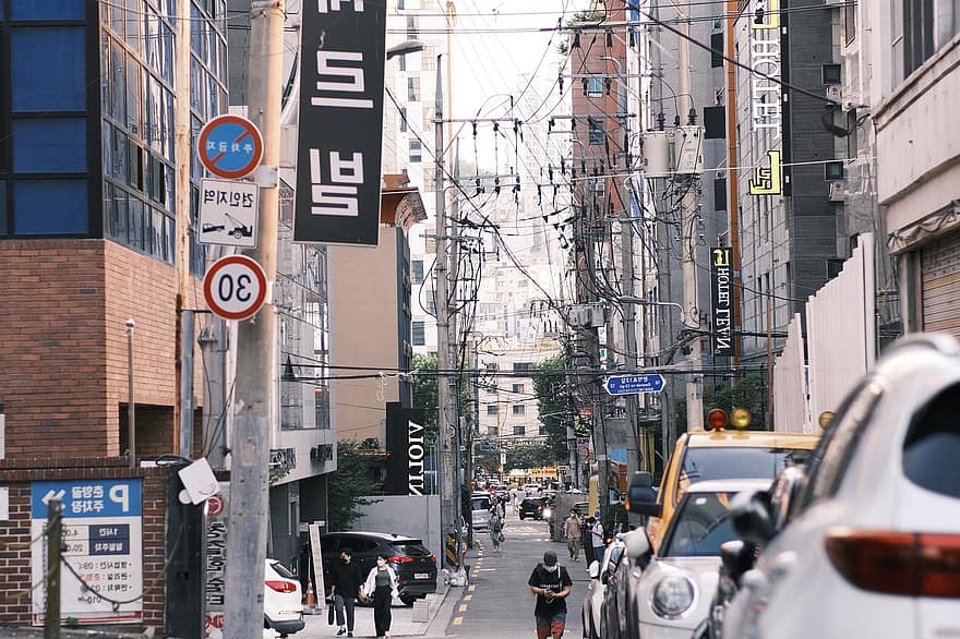 oraș, Coreea de Sud, stradă, călătorie, viata de oras, trafic, exteriorul clădirii, mașină, peisaj urban, semn, arhitectură