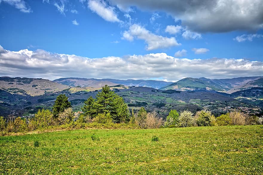 colina, hierba, montañas, naturaleza, escena rural, prado, paisaje, color verde, montaña, verano, azul
