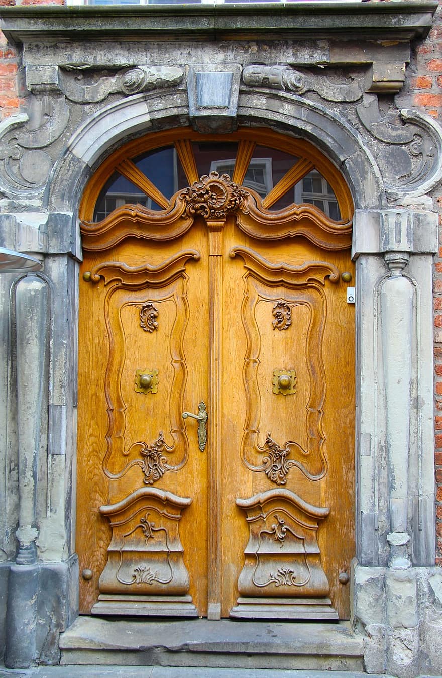 dveře, sochy, dřevěný, architektura, historický, město