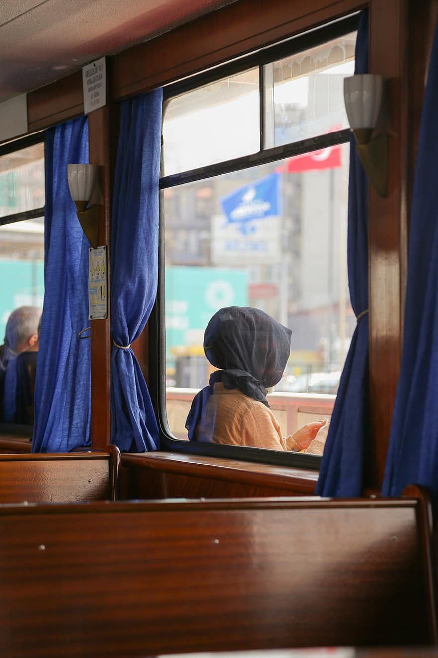 žena, dívka, vlak, okno, cestovat, novinář