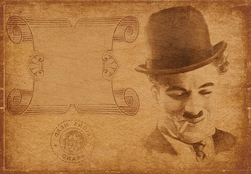 Charlie Chaplin, komedyen, çerçeve, davetiye, kupon, tebrik kartı, kartpostal, şapka, bağbozumu, sigara, nostalji