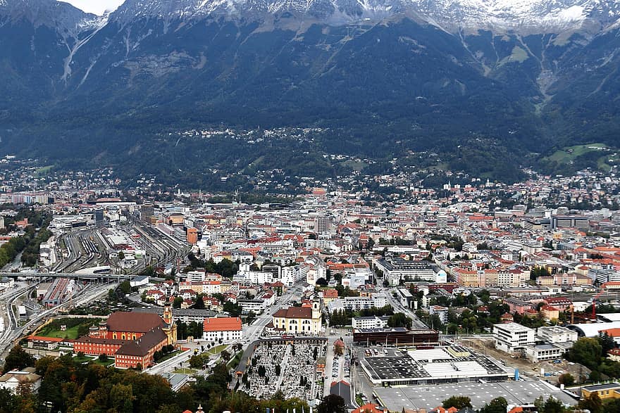 bergen, stad, gebouwen, horizon, stadsgezicht, innsbruck, Oostenrijk, Tirol, architectuur, landschap, huizen