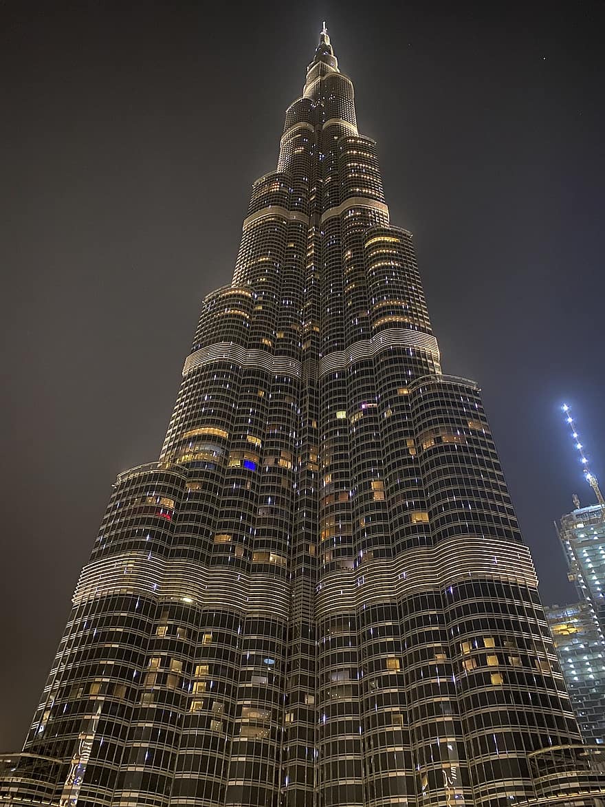 burj khalifa, Dubai, by, skyskraber, nat, bygning, milepæl, arkitektur, lys, by-
