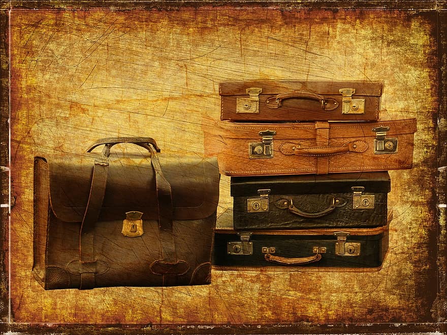 bagāža, vintage, čemodāns, ceļot, retro, ceļojums, vecs, brīvdienas, soma, āda, gadījumā