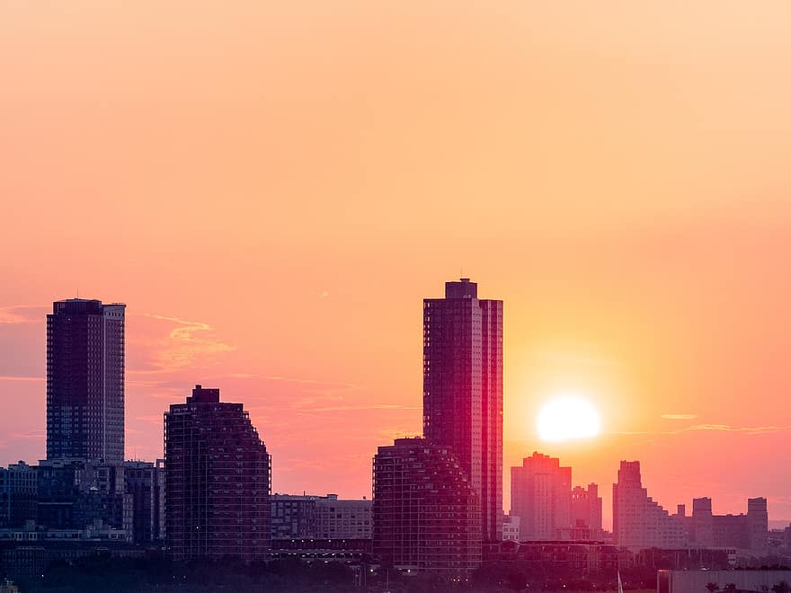 solnedgang, Manhattan, by, new york, skyline, nyc, Forenede Stater, USA, bybilledet, skumring, by skyline