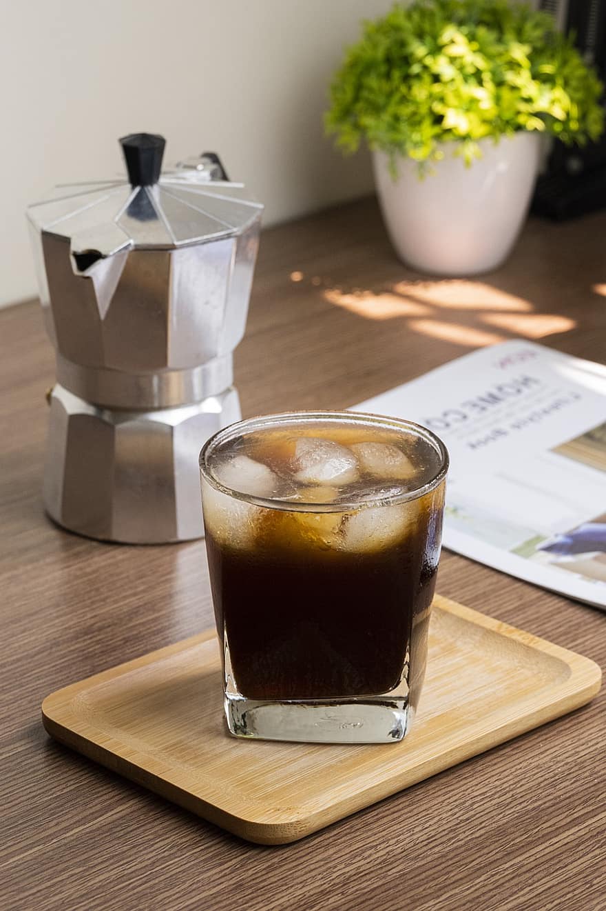 ledová káva, americano, napít se, Caffe Americano, sklenka, nápoj, Studený, moka hrnec, stůl, káva, svěžest
