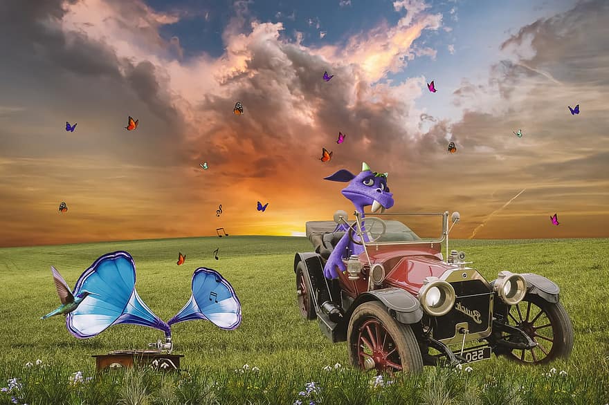 fantasia, Dragão, Prado, carro clássico, auto, toca-discos, borboletas, Dragão de brinquedo, grama, por do sol, nuvens