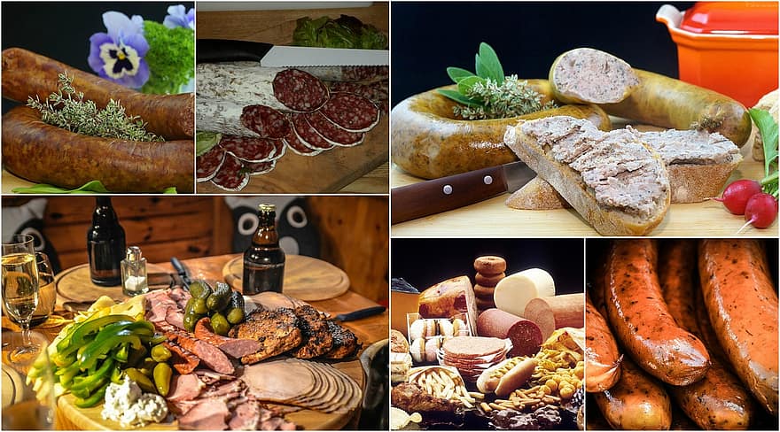 Sausages, Meat, Collage, Food, Dinner, Pork, Meal, Fresh, Beef, Salami, Barbecue