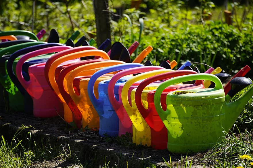 Gardening, Cans, Colors, Rainbow, Tools, green color, summer, grass, multi colored, yellow, bucket