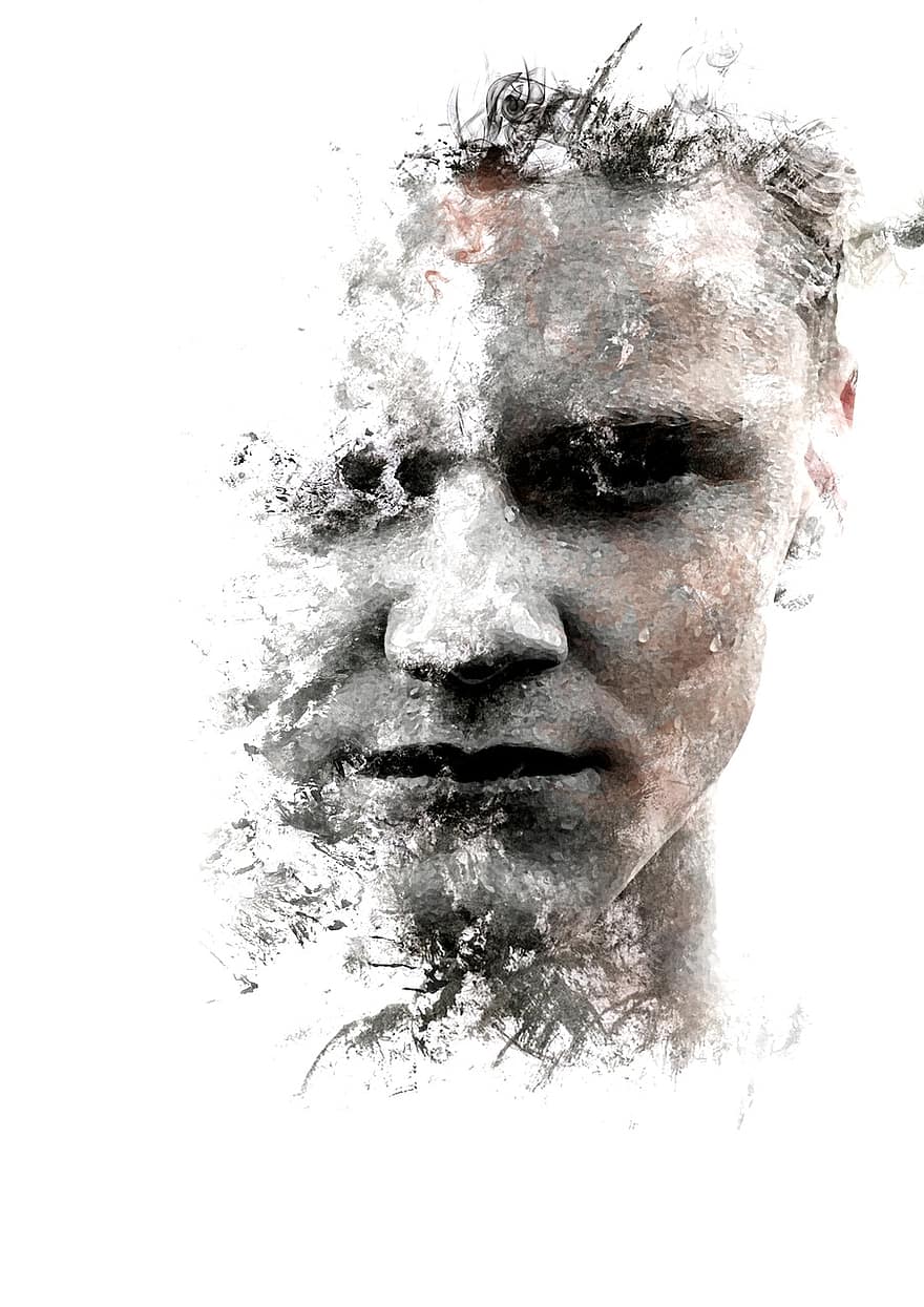 Het portret van een man, zwart en wit, photoshop, denkbeeldig, creatief