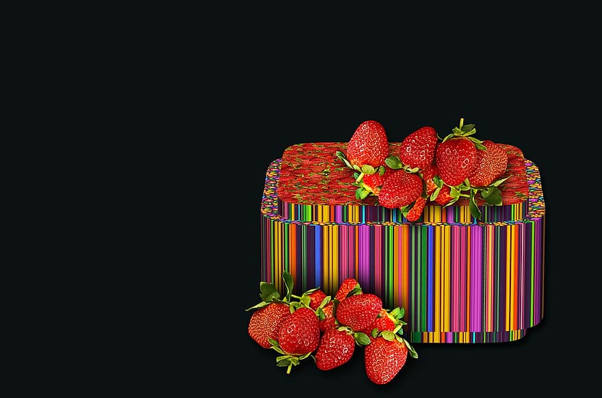 pudełko na prezent, owoce, truskawki, dojrzały