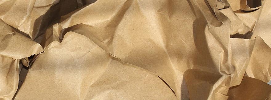 brunt papir, krøllet papir, emballage, brun papirpose, spild, genbruge, pakkemateriale, kulisse, baggrund, header