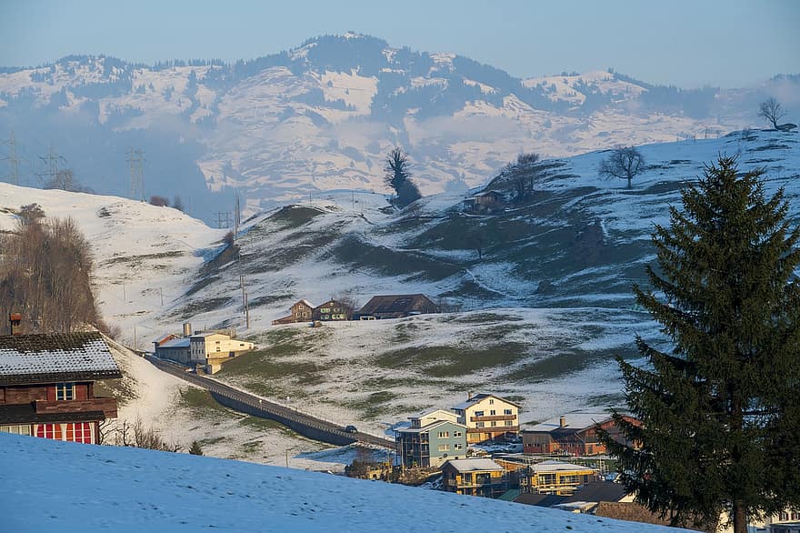 Suiza, invierno, montañas, campo, Valle, paisaje, morschach, pueblo, montaña, nieve, pico de la montaña