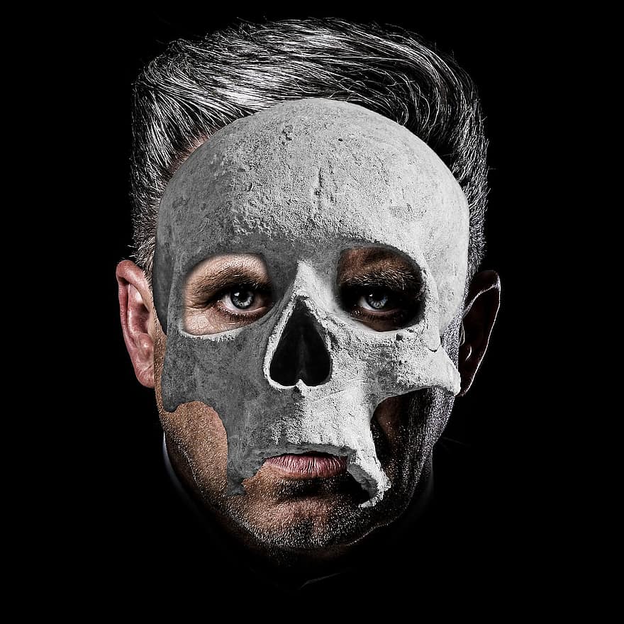 craniu, portret, masca, Halloween, fantomă, moarte, Înfricoșător, infricosator, negru, față, groază