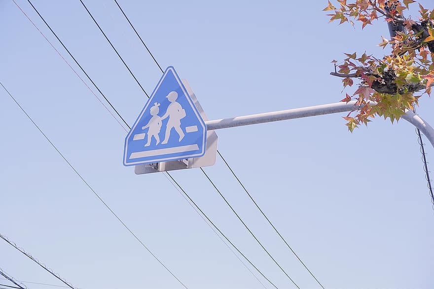 学校の交差点、道路標識、日本、通り、学区、注意、符号、看板