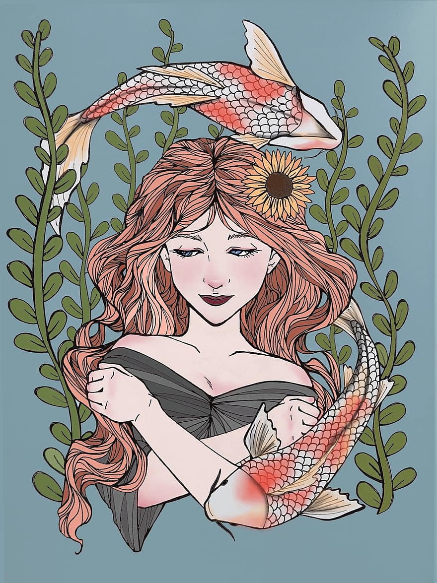 дівчина, під водою, кої, риба, волосся, морські водорості, квітка