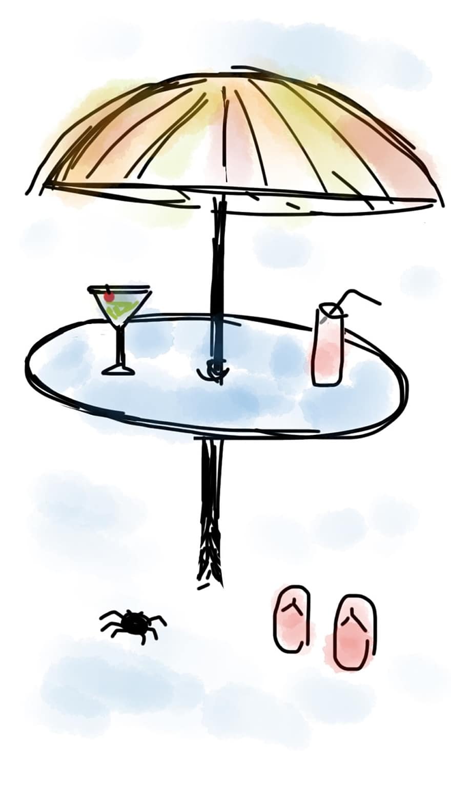 Strand, paraply, drikke, martini, brus, bord, solfylt, strand paraply, sand, ferie, sommer