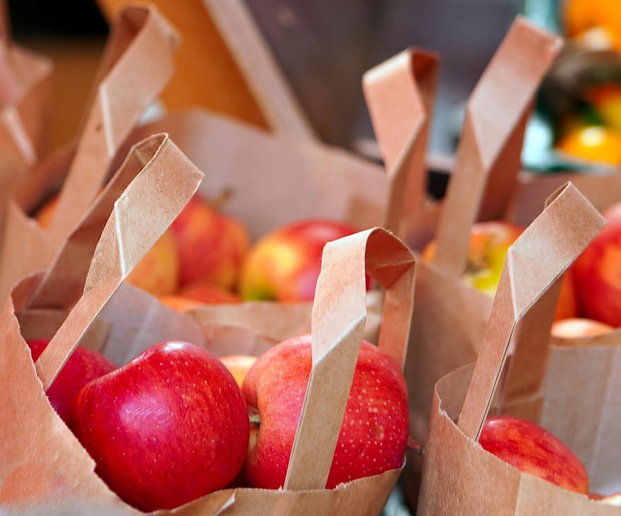 jablka, ovoce, tašky, zdravý, čerstvý