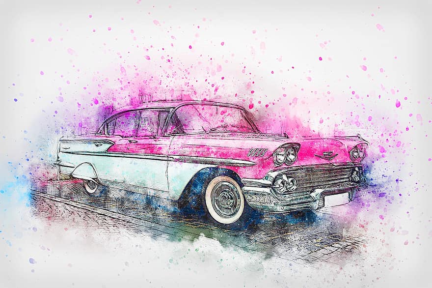 Car, Chevrolet, Oldtimer, Watercolor, Vintage, Auto, Pink, Retro, Vehicle, Wheel, Colorful