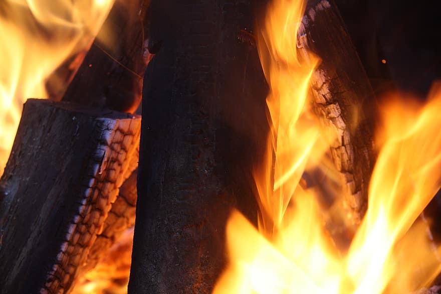fogueira, fogo, chamas, registro, madeira