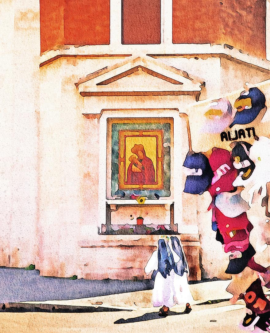 Pintura aquarela, católico, freiras, irmãs, Madonna, Virgem Maria, Freiras caminhando, aguarela, pintura, velho, Igreja