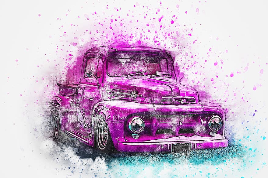 Car, Old Car, Oldtimer, Art, Watercolor, Vintage, Auto, Abstract, Purple, Vehicle, Wheel