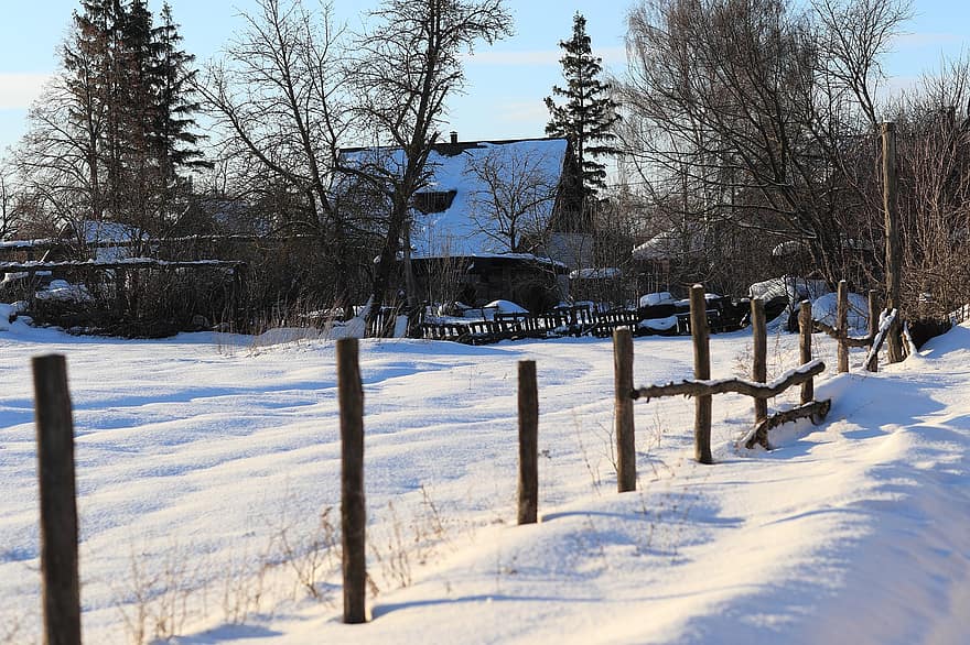dom, śnieg, zimowy, płot, zaspa, żywopłot, wioska, zimno, snowscape, drzewo, krajobraz