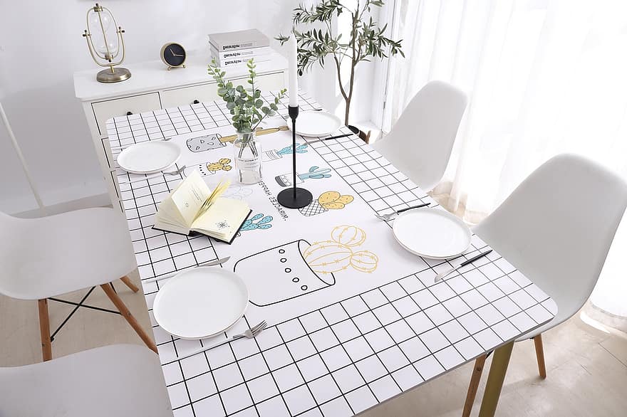 asztal, táblázat beállítása, tányérok, evőeszköz, székek, növények, könyv, dekoráció, friss