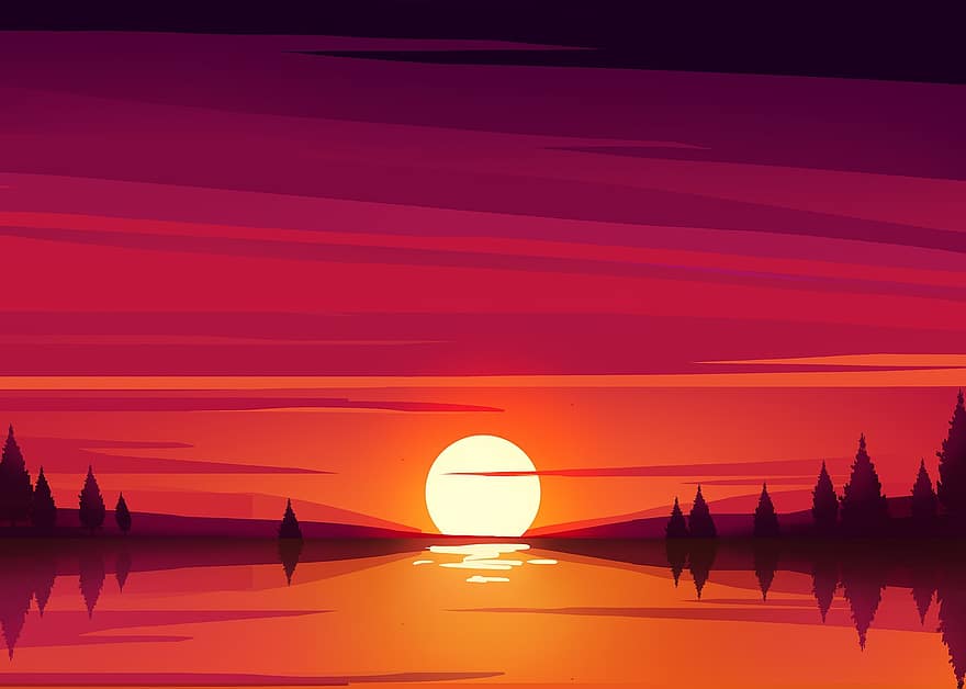 Lake, Sunset, Forest, Digital Art, Background, landscape, silhouette, sunrise, dawn, sun, dusk