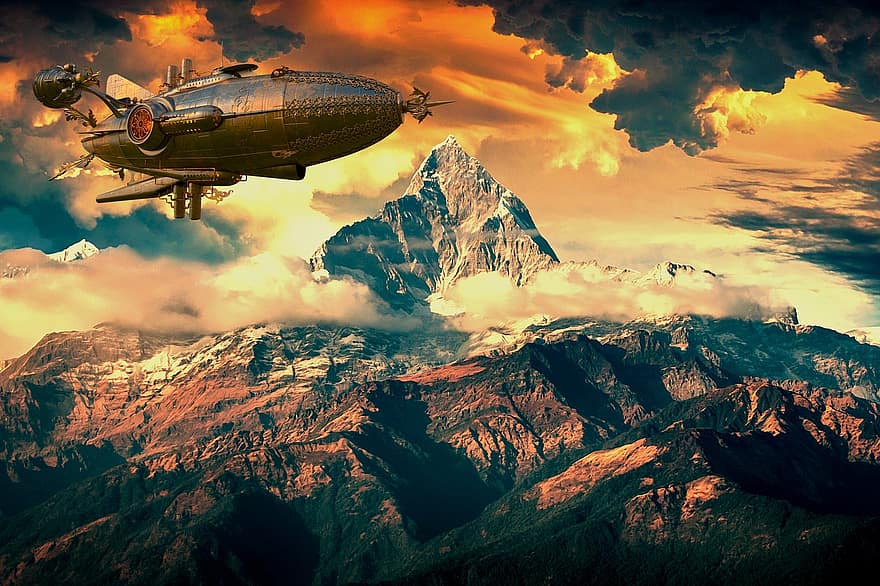 steampunk, fantasia, muntanyes, dirigible, aventura, avions, naturalesa, paisatge