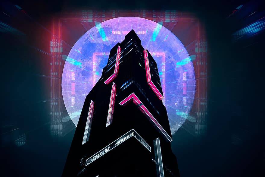 Gebäude, Beleuchtung, Nacht-, Neon-, Cyberpunk, Wolkenkratzer, städtisch, Stadt, Abend